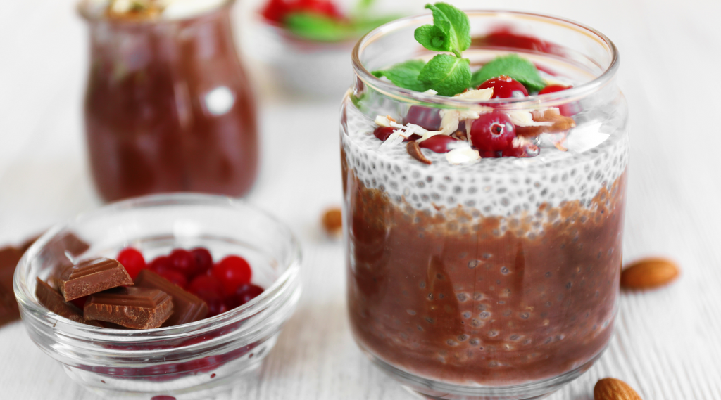 chocolate chia pudding with mint and cranberries