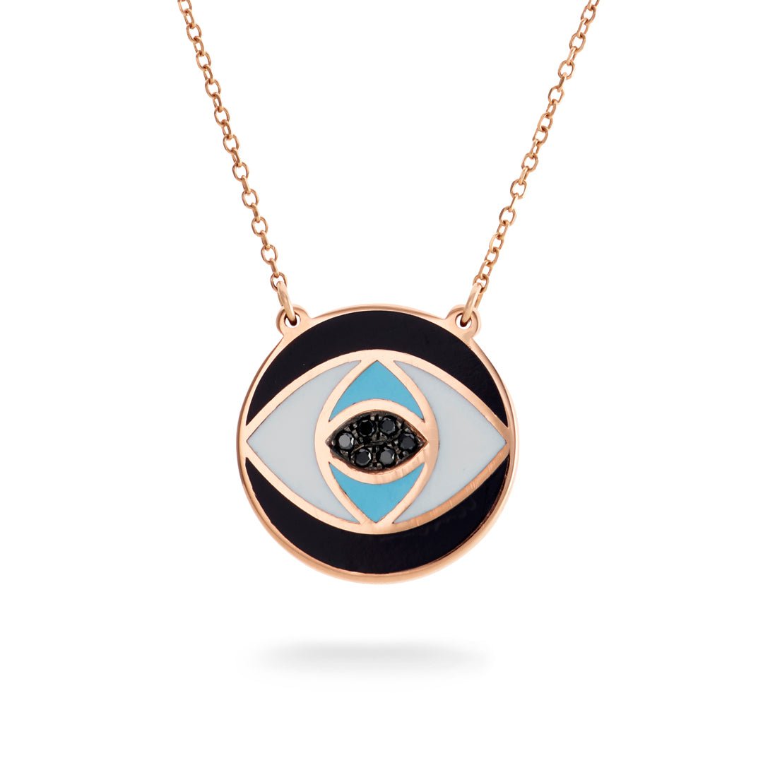 ROSE GOLD EVIL EYE PENDANT NECKLACE WITH CLEAR AND BLACK DIAMONDS