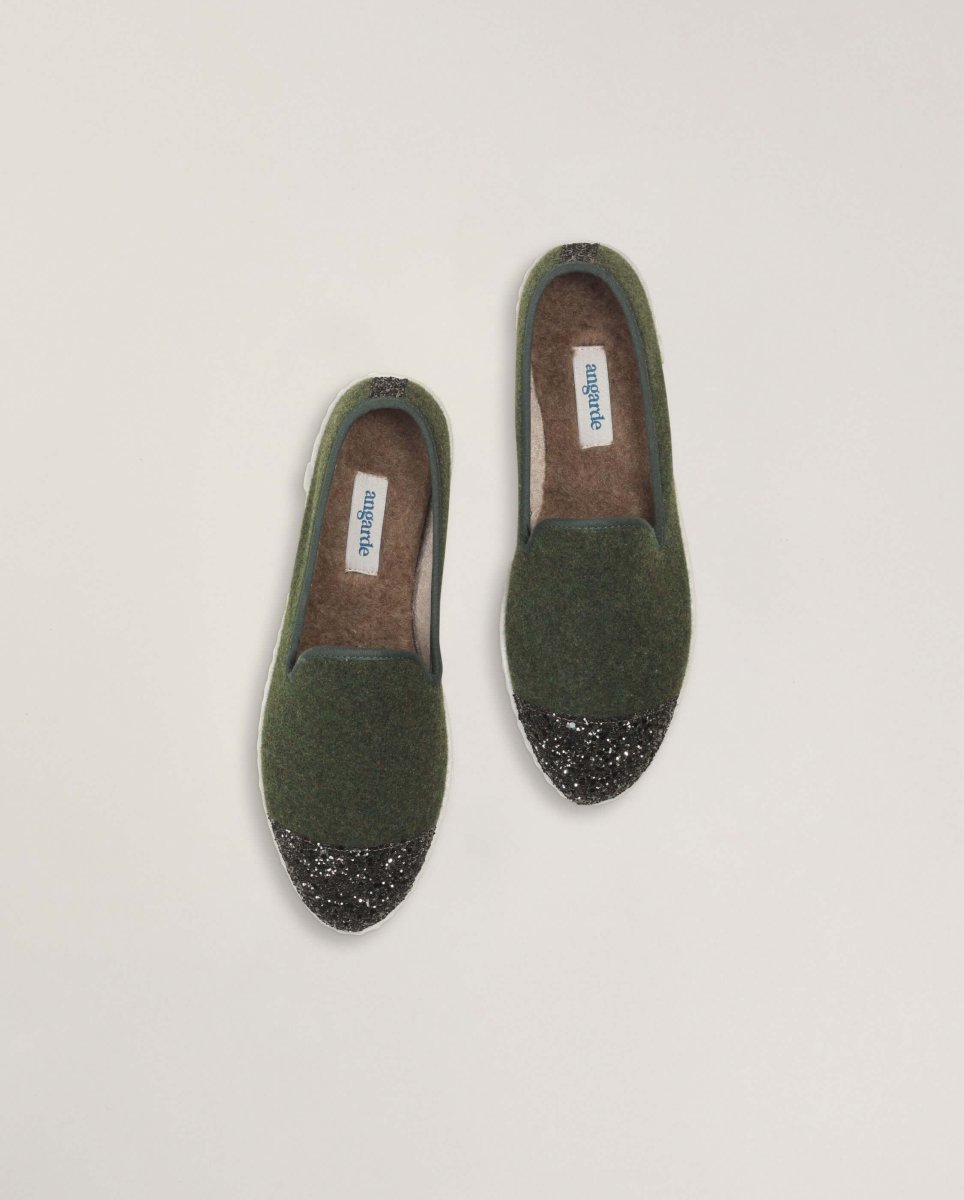 Chausson en laine vert paillettes