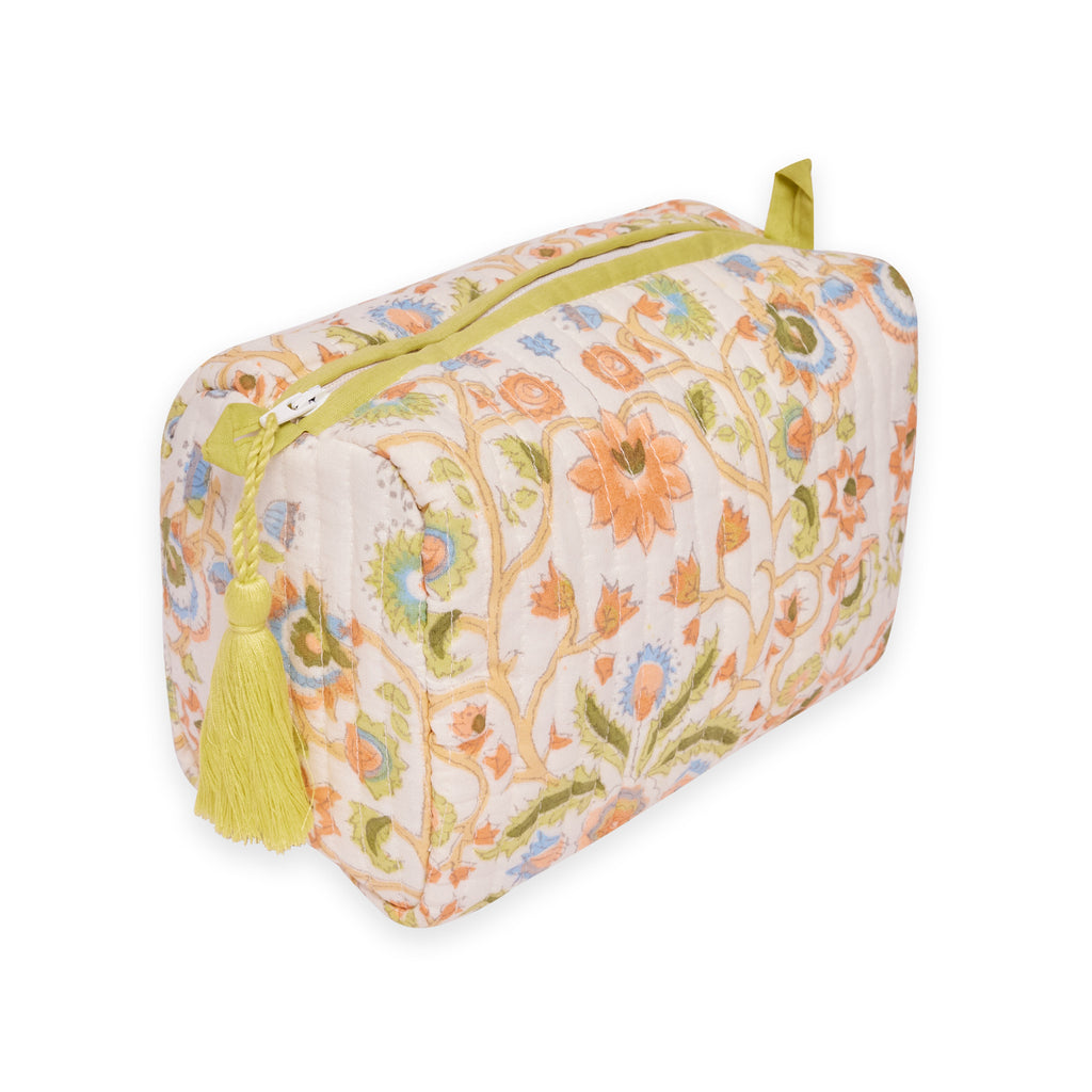 Cotton Quilted Wash Bags,toiletry Bags, Block Printed White Floral