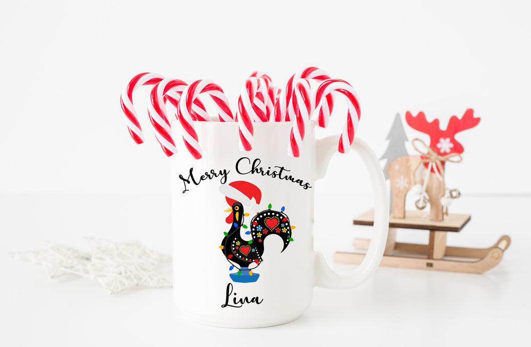 Portuguese Barcelos Rooster Christmas Mug, Feliz Natal Merry Christmas mug, Galo de Barcelos, Portuguese gifts, Portugal holiday decor