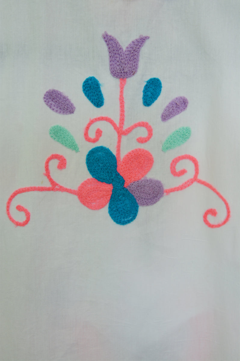 Neon Bird Embroidery on White Caftan