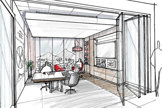 Sketch Perspective Interior Office Bedroom into a Watercolor on Paper  Stock Illustration  Illustration of paper design 77027825