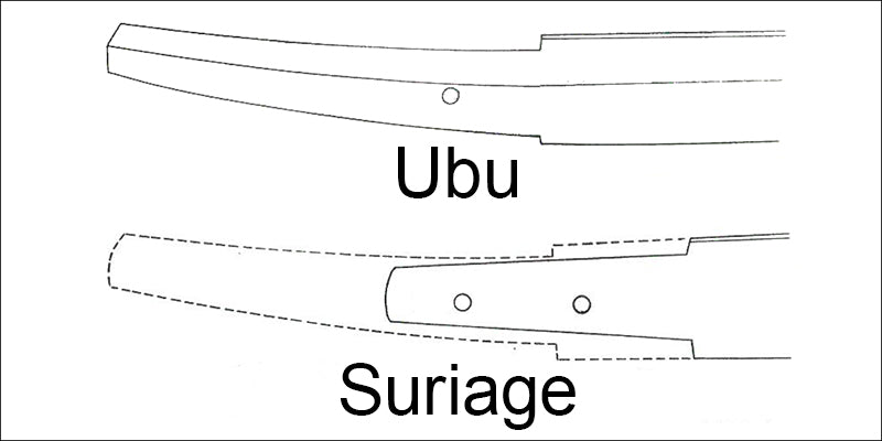 Shapes of Japanese sword Katana Nakago tang: Ubu and Suriage