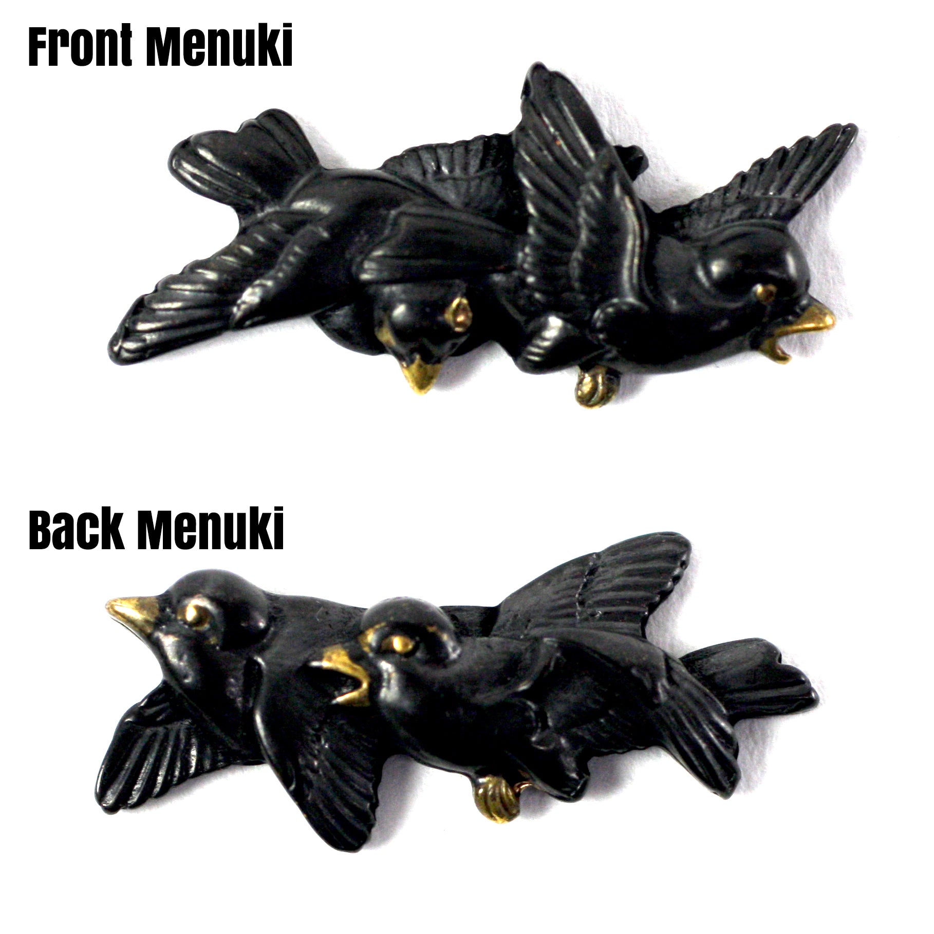 This is a pair of meoto-dori menuki. The one on top is the "omote menuki" (front side menuki) and the one on the bottom is the "ura menuki" (back side menuki)