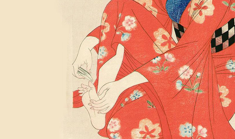 Woodblock print depicting a Geisha cutting her nails