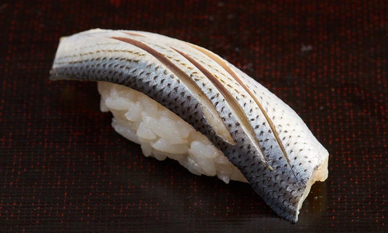 A single piece of Konoshiro nigiri sushi, the chef has made three incisions across its spotted skin.