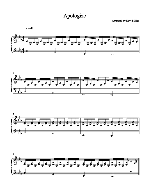 one republic apologize piano sheet music