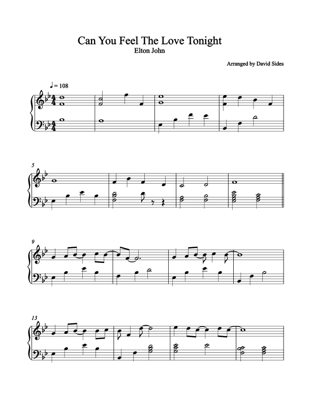 Can You Feel The Love Tonight (Elton John) Piano Sheet Music – David