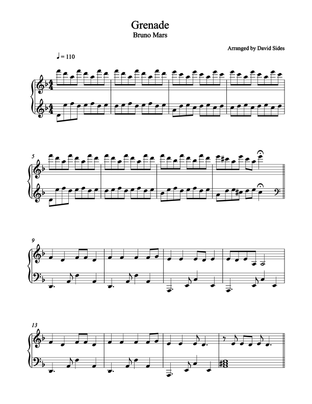 Grenade (Bruno Mars) Piano Sheet Music – David Sides Enterprises, Inc.