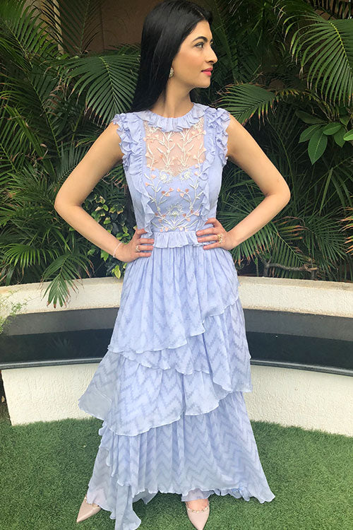 Lavender Asymetrical Ruffle Tier Anarkalli Gown With Chain Zardozi And Hand Cut Floral Work In Yoke