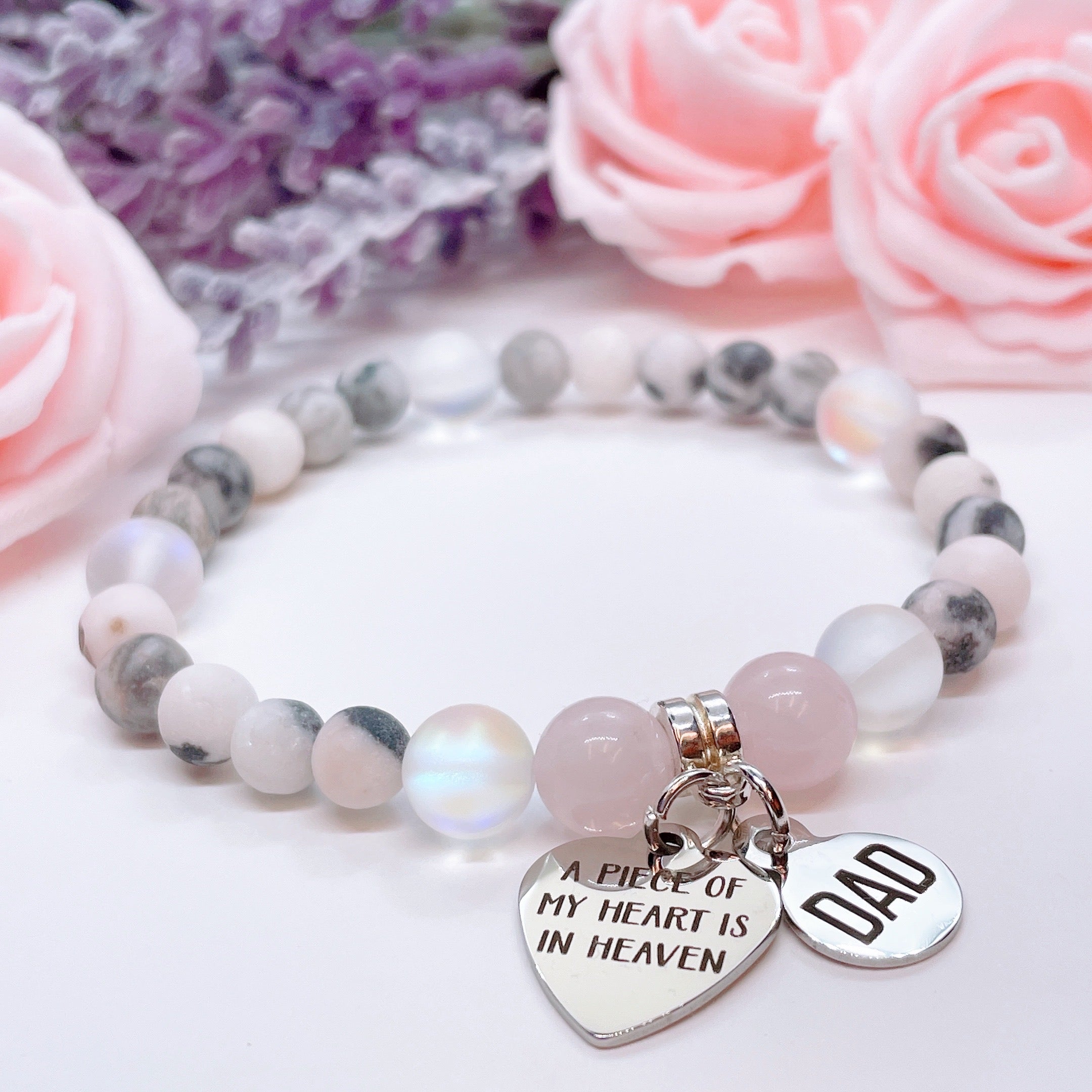 Dad: A Piece of my Heart is in Heaven Companion Charm Bracelet Rose Quartz