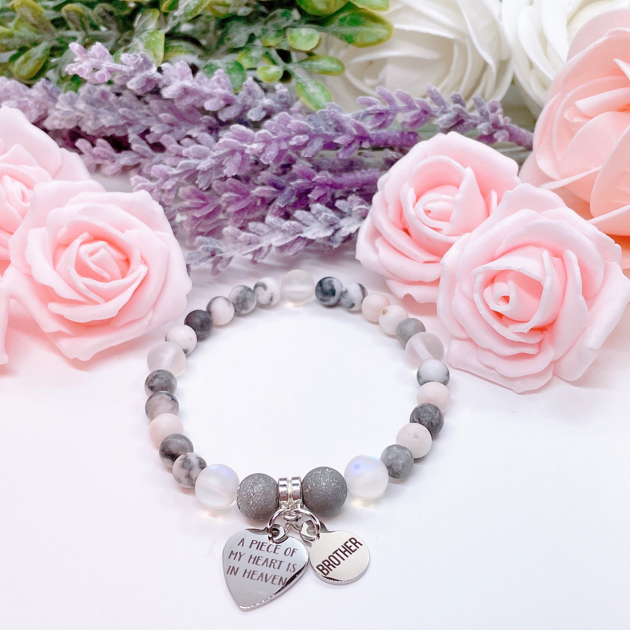 Brother: A Piece of my Heart is in Heaven Heart Companion Charm Bracelet Druzy