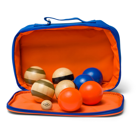 Bocce Ball Set - Let's Bocce! travel case with zipper closure and handle - blue exterior with orange interior; (2) solid orange, (2) solid blue, (2) striped green, and (2) striped black bocce balls; (1) white pallino (target) ball