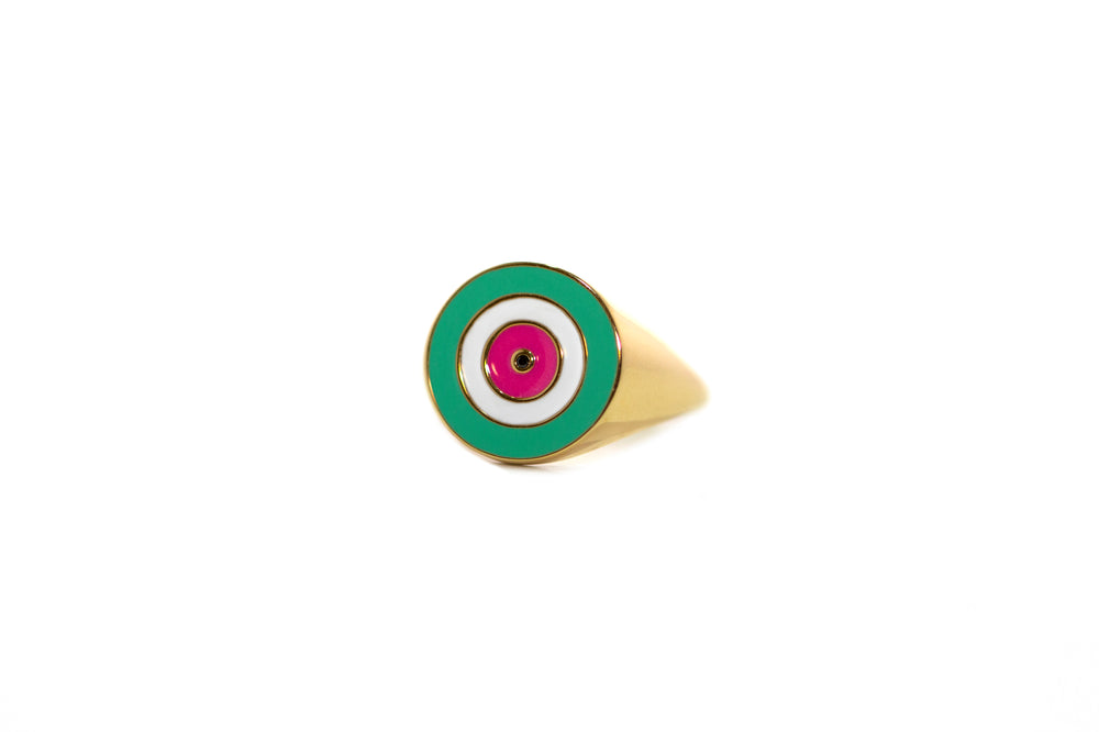 
                  
                    Load image into Gallery viewer, Lilor Eye, lilor jewels, signet ring in 18k gold with enamel, diamonds, neon, black and white diamond, ring stack
                  
                