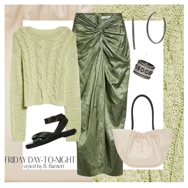 A chunky knit, light weight sweater - paired with this knockout metal-laid crushed fabric skirt, and a classic summer sandal  provides a comfortable, classic yet elevated day look. Throw on  some jewelry as you leave the office, and you are ready for a Friday night date or happy hour with friends.