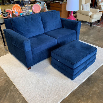 ROYAL BLUE VELVET LOVESEAT WITH OTTOMAN