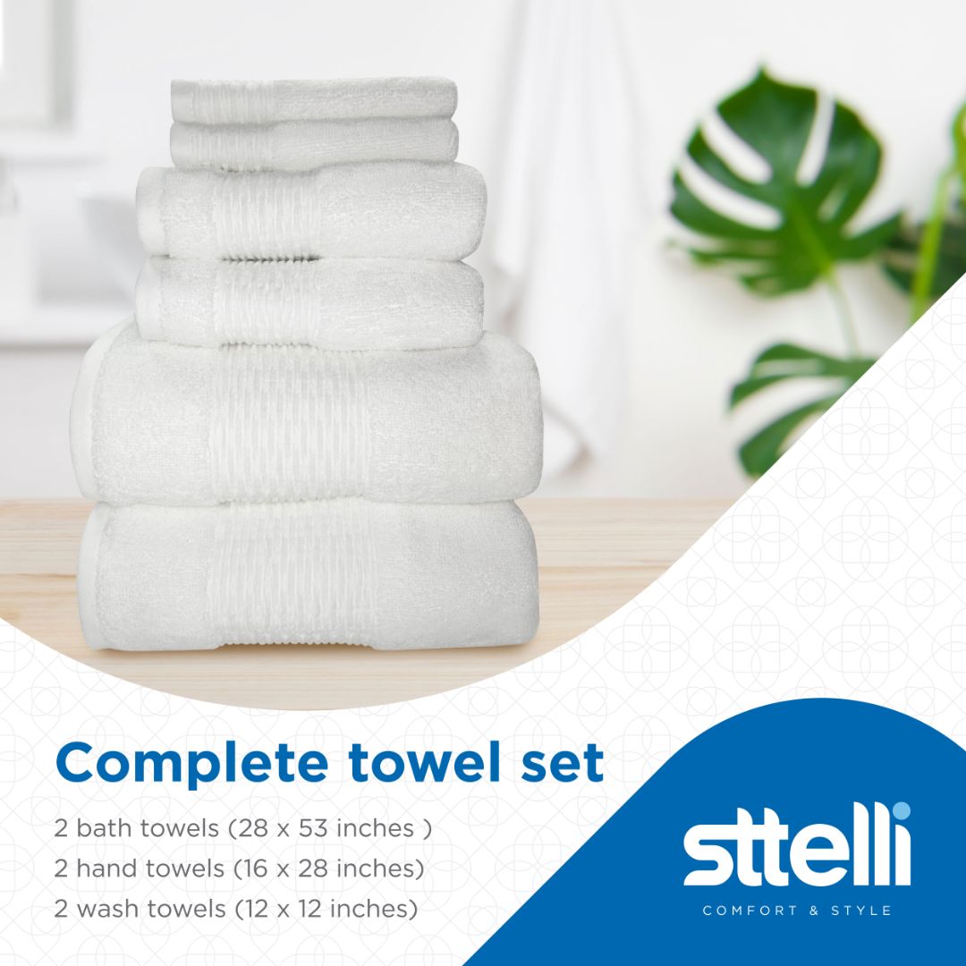 Sttelli Luna 6-Piece Bath Towel Set - Durable, Soft and Absorbent, Includes 2 Bath Towels, 2 Hand Towels, and 2 Wash Towels - White