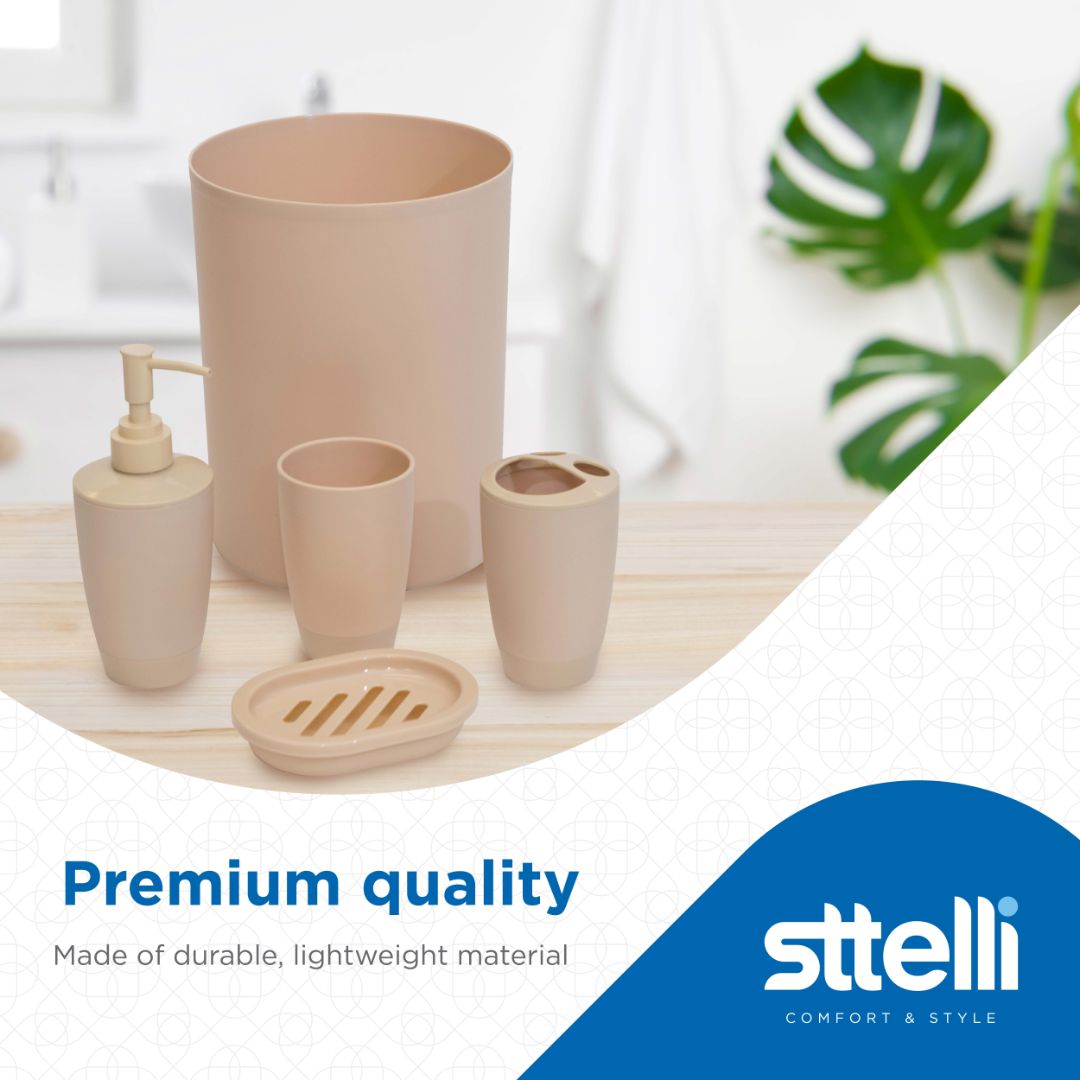 Sttelli Kaleidoscope Bath Accessories Set - Soap Dispenser, Toothbrush Holder, Tumbler, Soap Dish and Trash Can - Mushroom