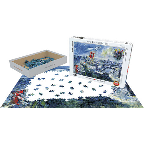 A vibrant and dreamlike jigsaw puzzle depicting Paris with Marc Chagall's unique artistic style.