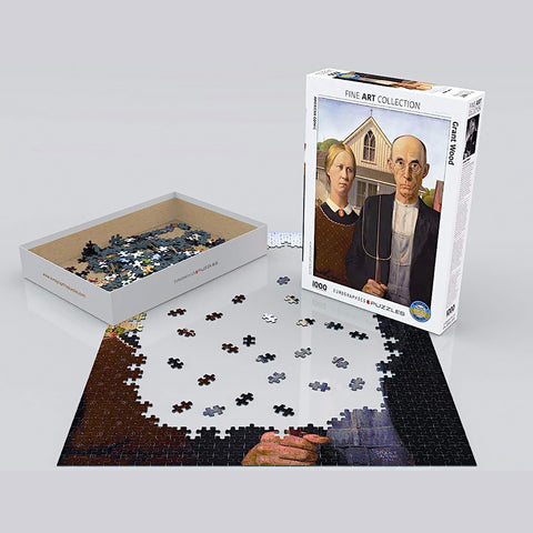 A challenging 1000-piece jigsaw puzzle featuring Grant Wood's American Gothic masterpiece by Eurographics.