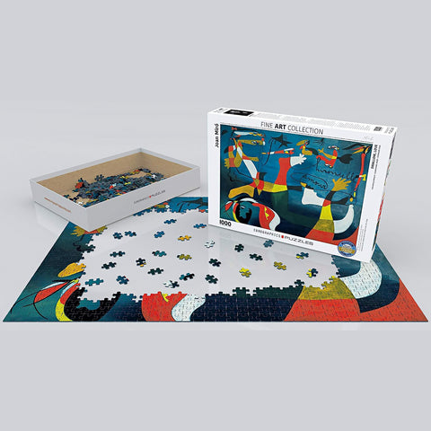 A vibrant print of Joan Miró's "Hirondelle Amour" jigsaw puzzle, a masterpiece of fine art.