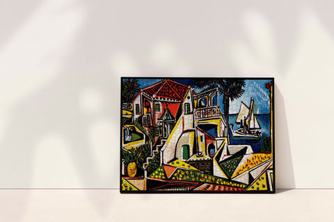 A completed 1000-piece jigsaw puzzle featuring Pablo Picasso's Mediterranean Landscape, showcasing vibrant colours and abstract shapes.