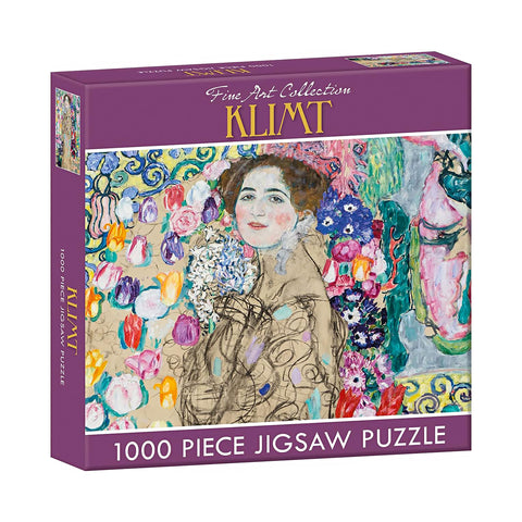 Box cover of Rest In Pieces 1000-piece Gustav Klimt Posthumous Portrait of Ria Munk III Jigsaw Puzzle, featuring Klimt's unfinished artwork.