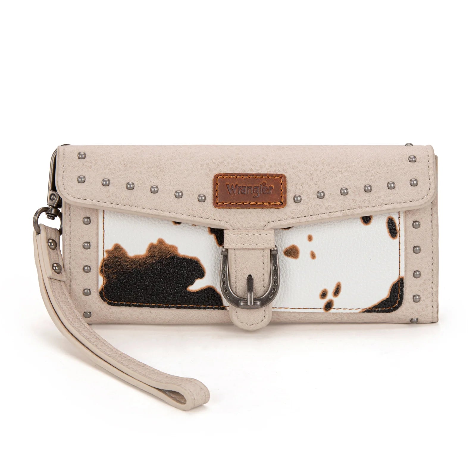 Wrangler Western Cow-Print Tri-fold RFID Wallet/Wristlet With Detachable Credit Card Holder - Brown or Beige