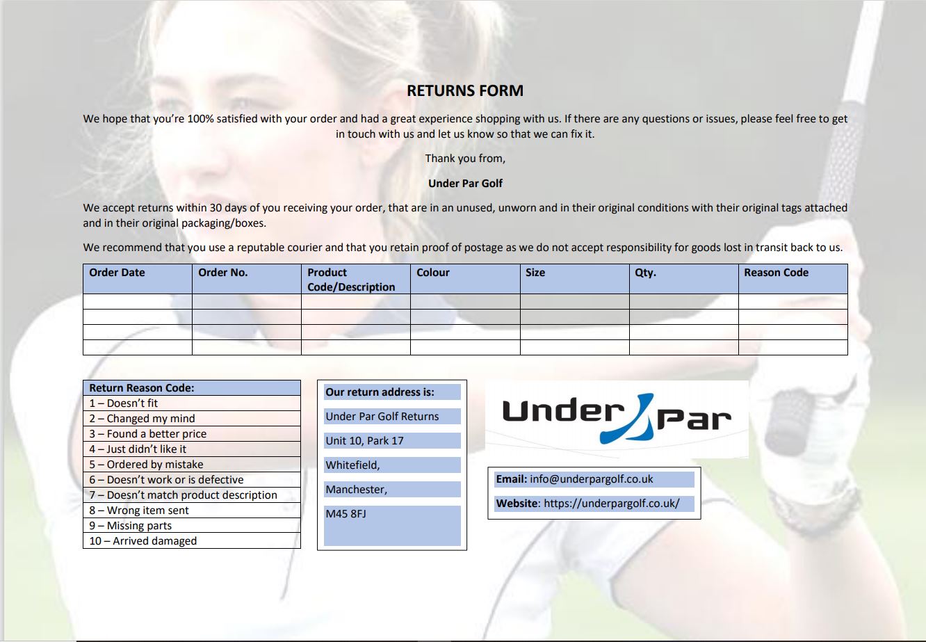 Under Par Returns Form