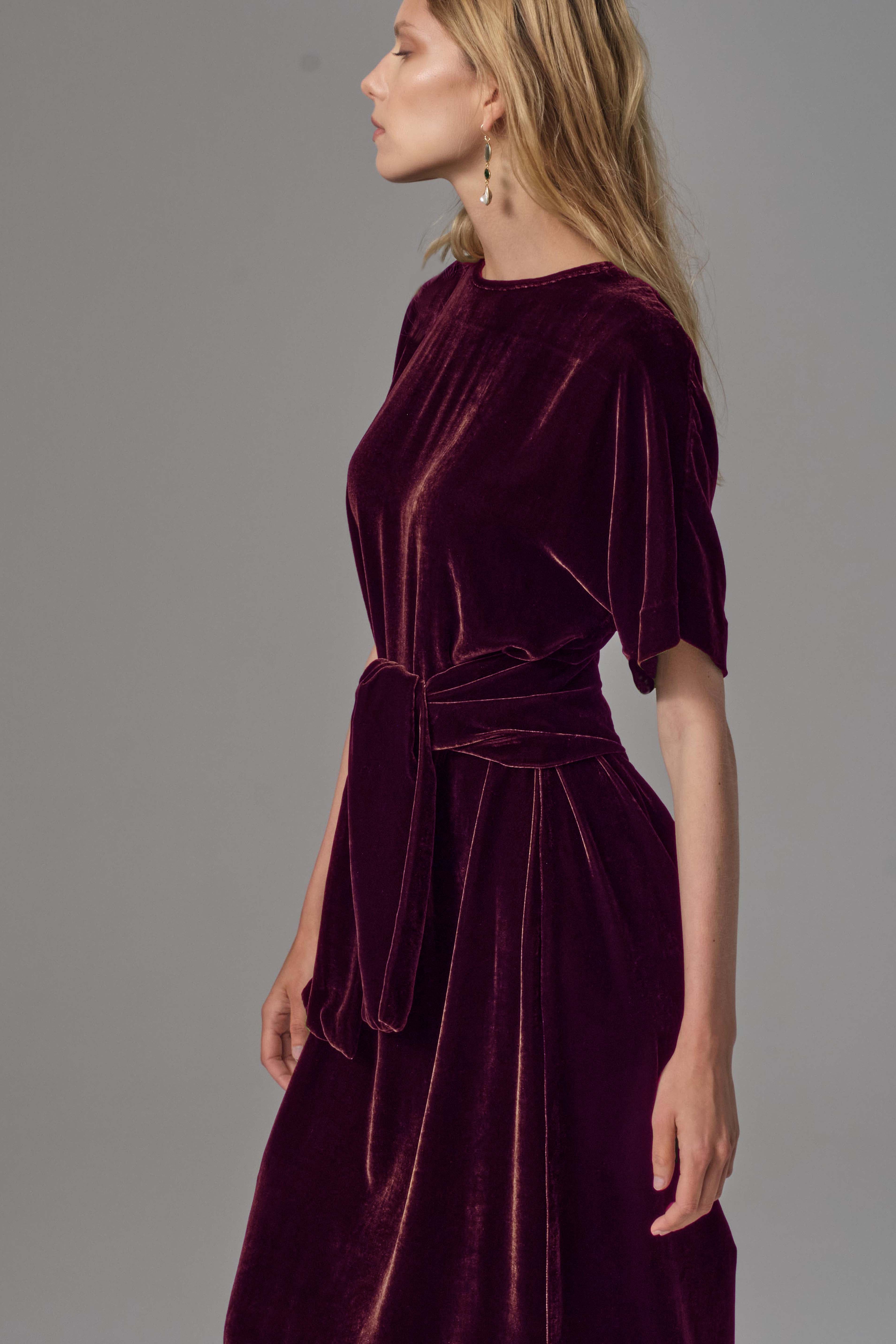 Silk Velvet Belted Dress - Wine