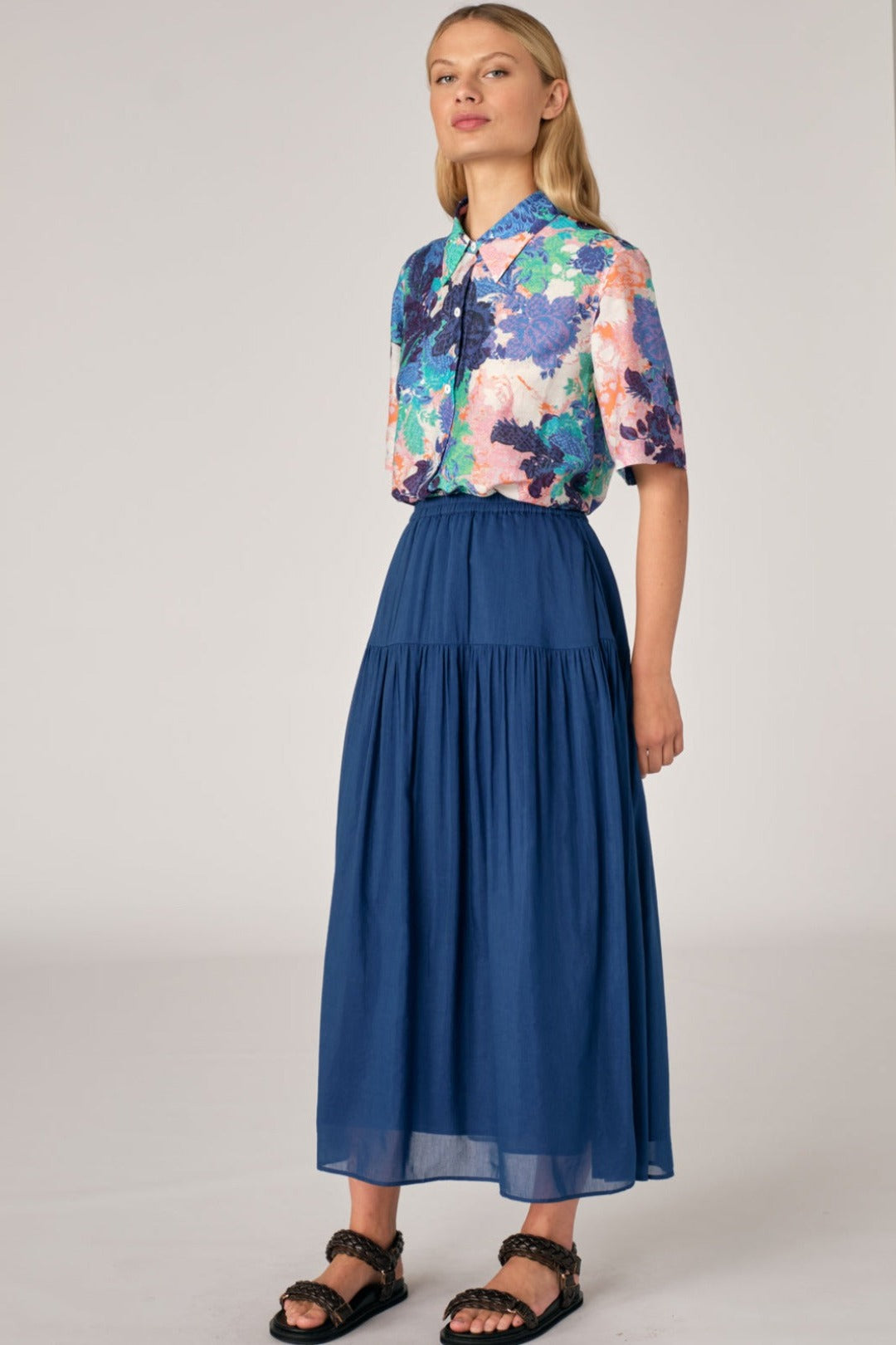 Lapis Silk Cotton Skirt