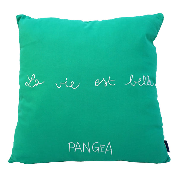 The back is green with 'La vie est Belle' embroidered in white, and Pangea embroidered below. | © Pangea 2024