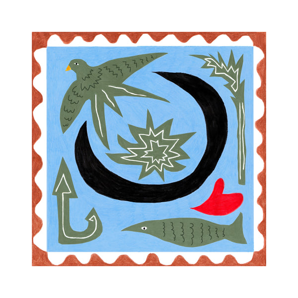 The print has a white and brown border, with the main design showing a green fish and bird on a pale blue backgroud. The fish in the bottom right corner has a red heart above it. There is a large black crescent moon in the centre, surrounded by two green and white plants. | © Pangea 2024