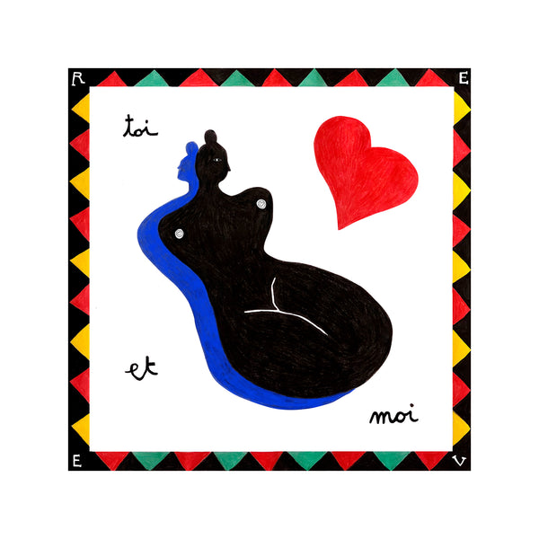 The background of the print is white, with a black, green, red and yellow border. The main design shows a female figure (in black) and her shadow (in blue). There is a large red heart to the right. The print reads 'toi et moi, moi et toi'. | © Pangea 2024