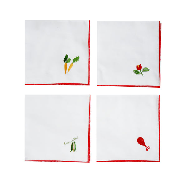 The whole napkin set. Each has a red trimming around the entire edge, and a small motif embroidered in the corner.  | © Pangea 2024