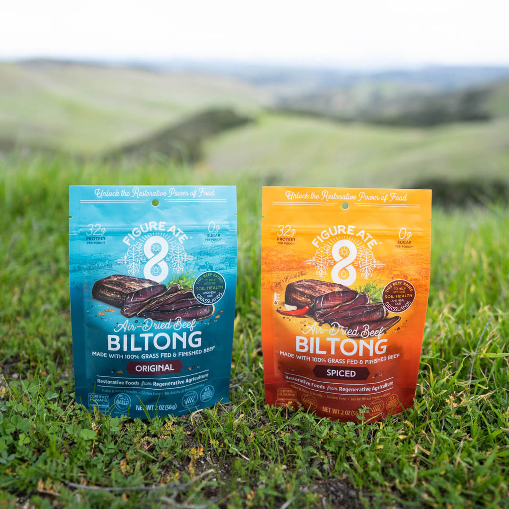 Pouches of Figure Ate Beef Biltong in Original and Spiced Flavors