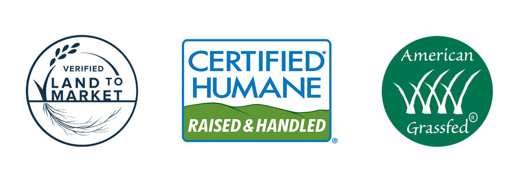Land to Market Verified, Certified Humane, and American Grassfed Logos