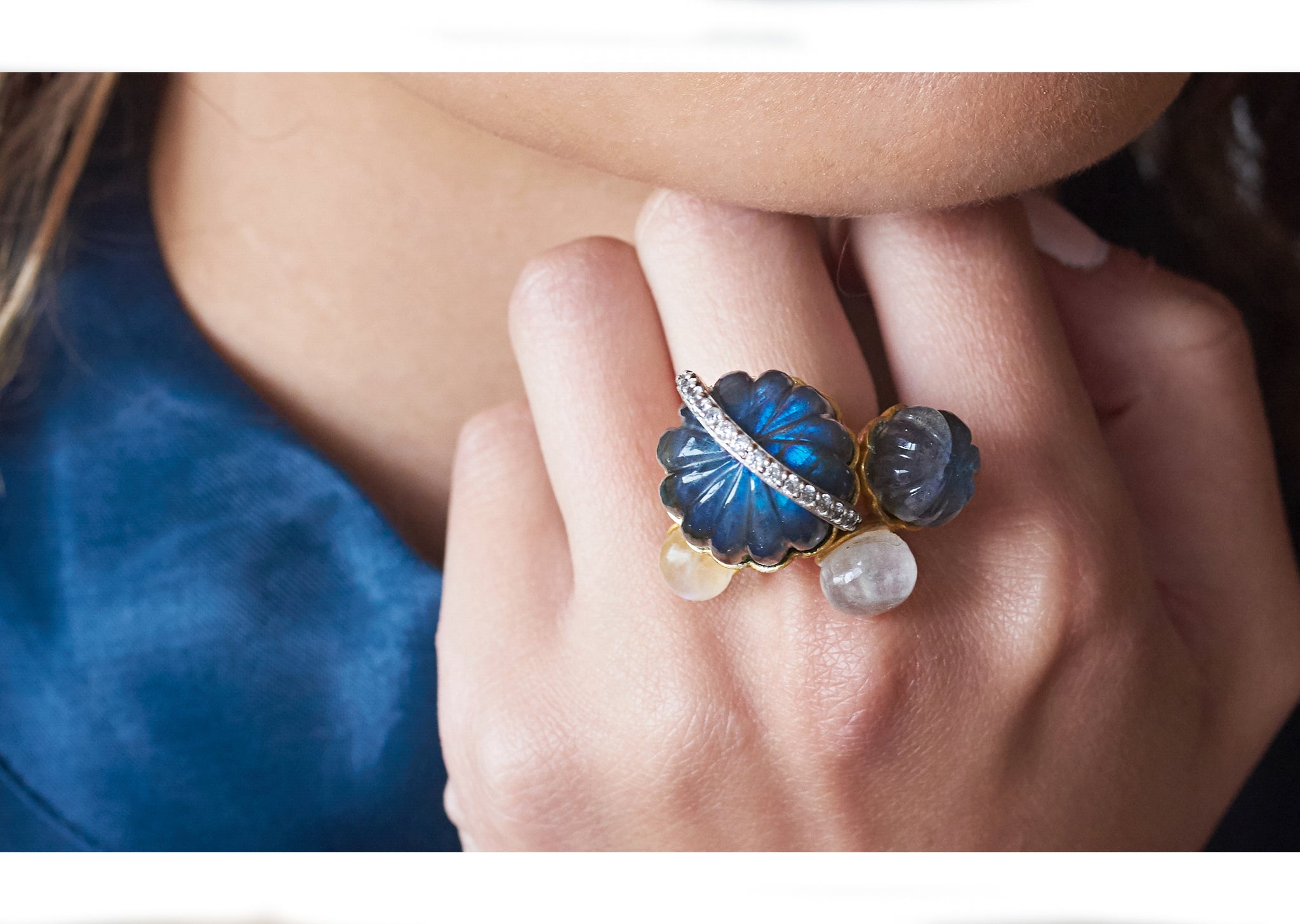 Statement carved Labradorite and Moonstone ring with Diamond detailing clustered together like a cloud 