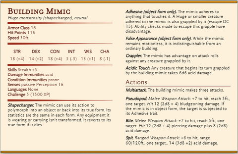 Stat block for a Mimic monster that's as big as a building