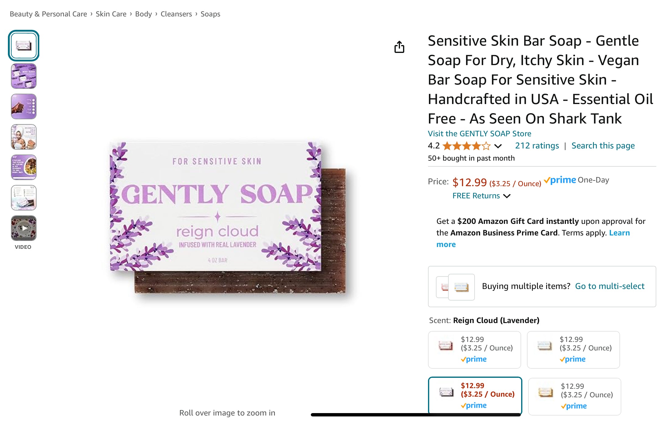 Gently Soap packaging for sensitive skin, lavender-scented, displayed on an Amazon product page.