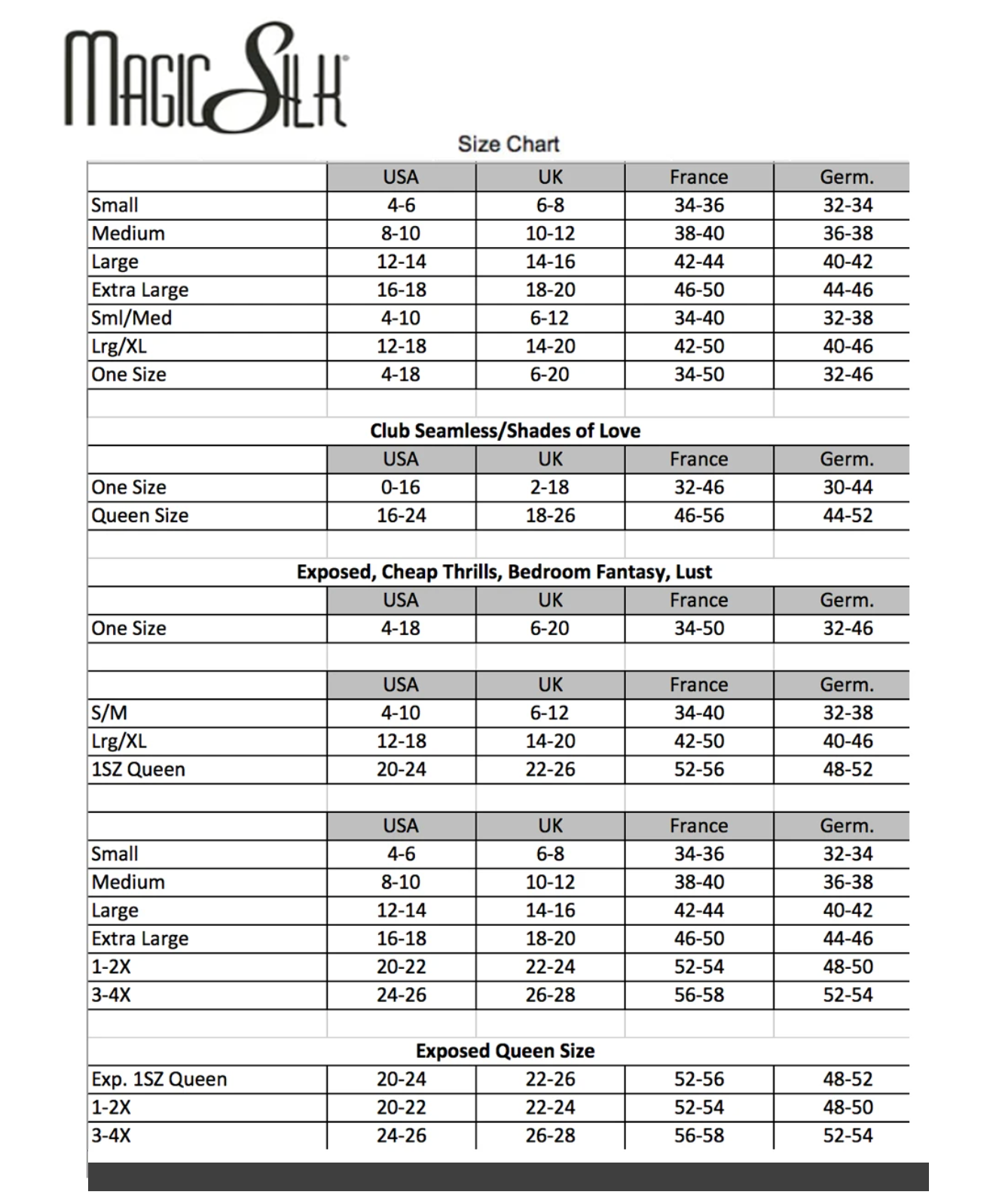 Magic Silk sizing chart – Los Angeles Lingerie Inc