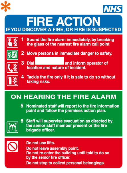 NHS Fire action sign | Safety signs supplier | MJN Safety Signs Ltd