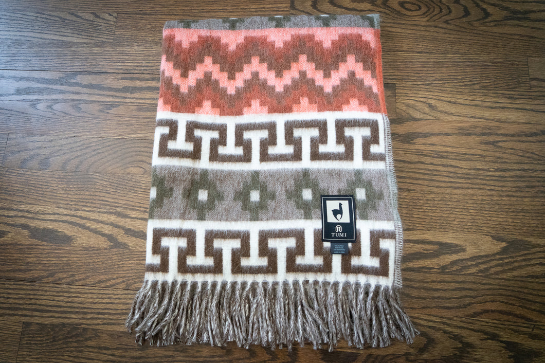 Alpaca Wool Throw Blanket - Inca Design (Salmon/Brown)