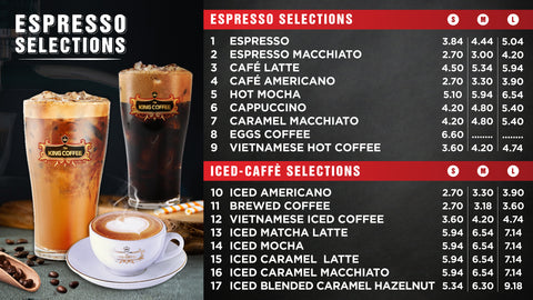 King Coffee Espresso Selections Menu