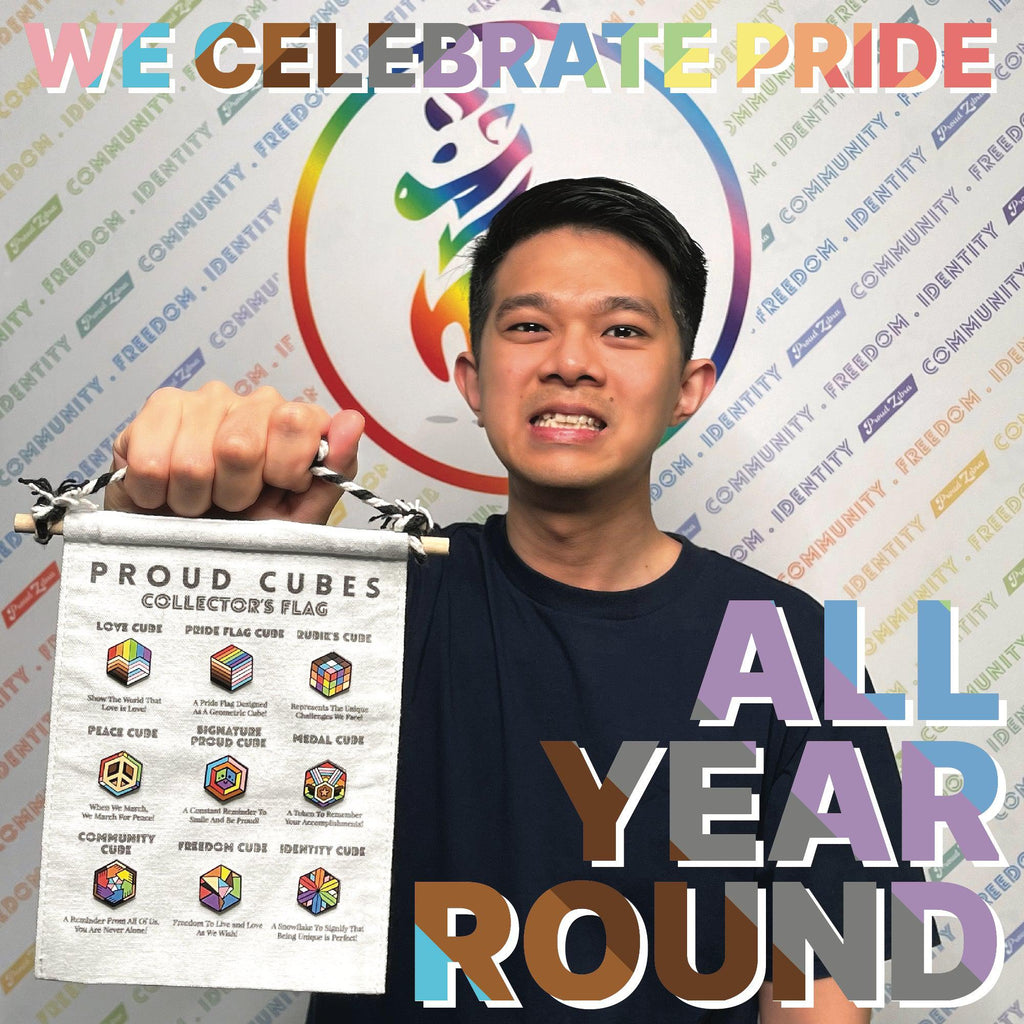 gay man holding flag with 9 pride pins and words saying "WE CELEBRATE PRIDE ALL YEAR ROUND" with proud zebra background banner