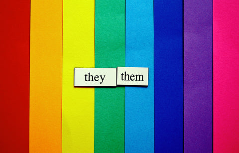 Rainbow background with pronouns They/Them in the middle