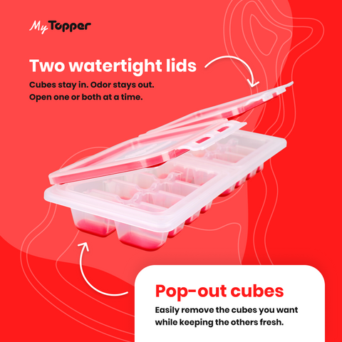 Two water tight lids. Pop out ice easily.