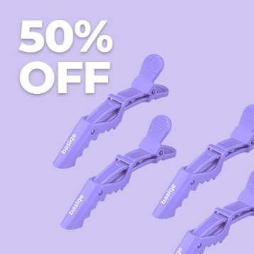 Graphic with '50% OFF' text and purple laundry clips on a purple background.
