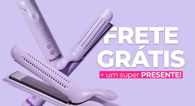Hair straighteners with promotional text 'FRETE GRÁTIS + um super PRESENTE!' against a purple background.